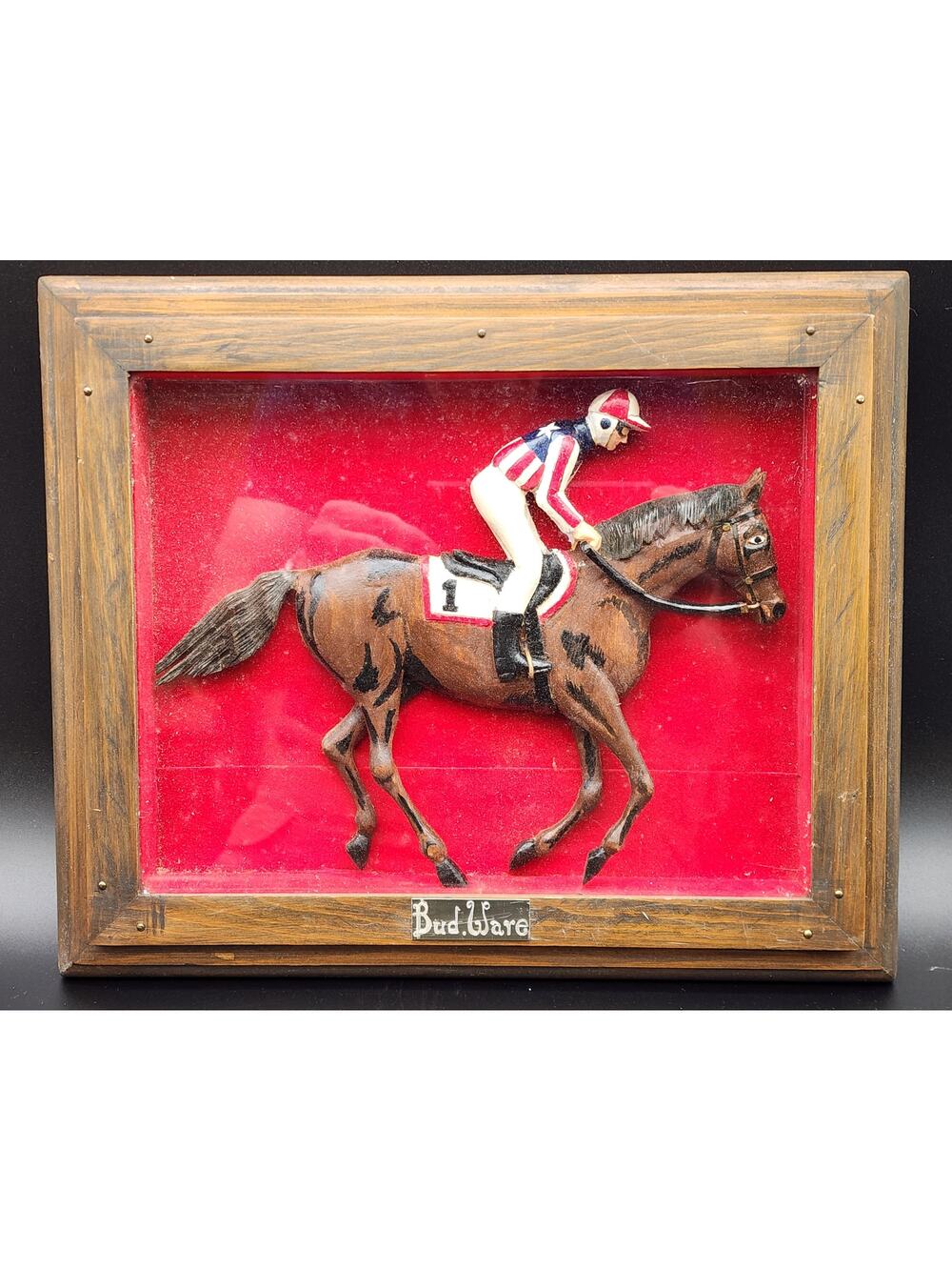 Vintage Bud Ware Racing Colours Hand Carved Horse & Jockey Shadowbox Wood Art